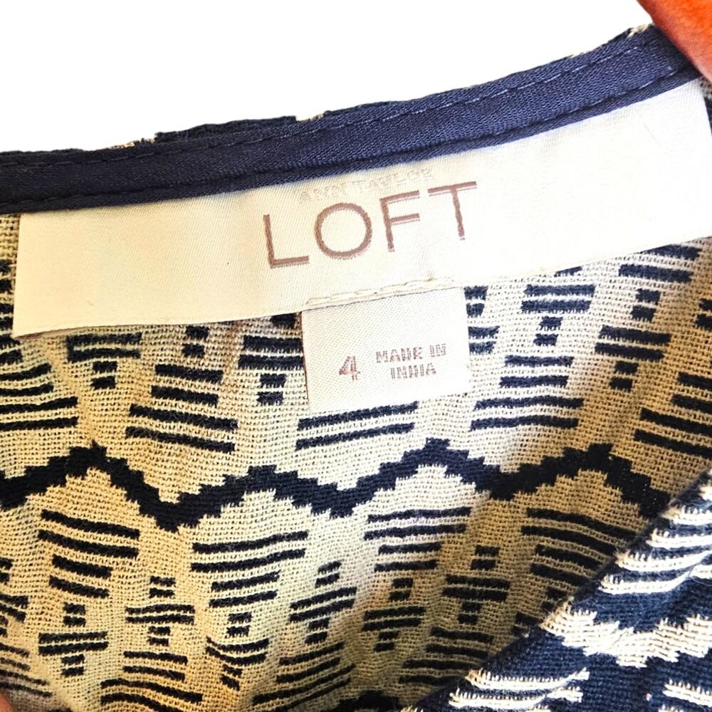 Loft Navy & Tan Sleeveless Preppy Cottagecore Geometric Pattern Shift Dress - Picture 8 of 8